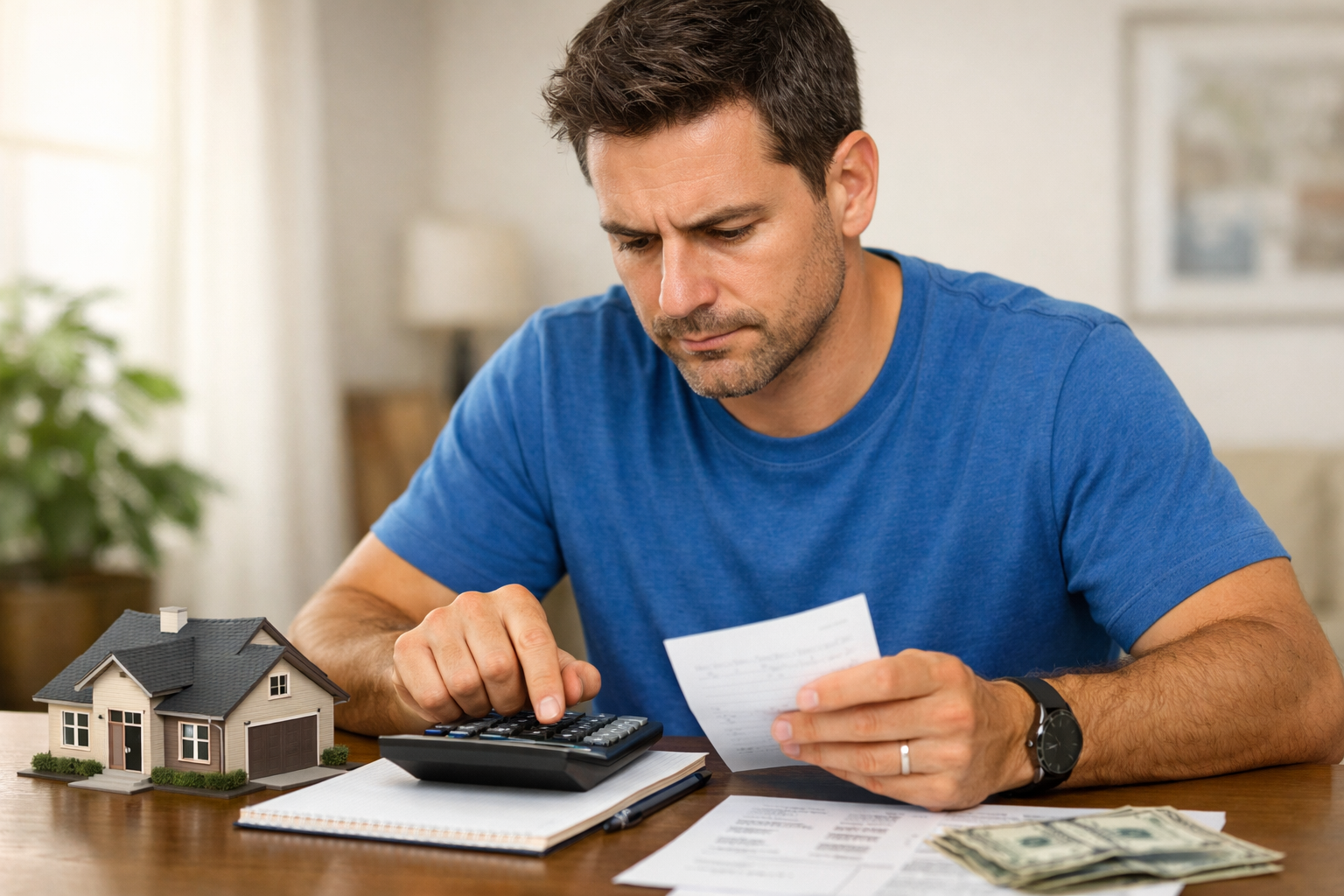 Hombre con una calculadora sacando cuentas para dar el enganche de su casa