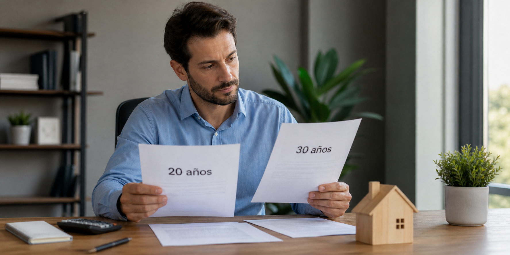 Hombre sentado frente a un escritorio, comparando dos opciones de crédito hipotecario: 20 años y 30 años