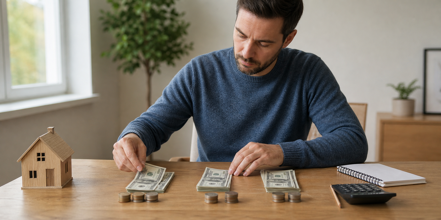 Hombre separando dinero para comprar una casa. Sobre la mesa hay tres grupos de billetes y monedas para el enganche, avalúo y escrituración.