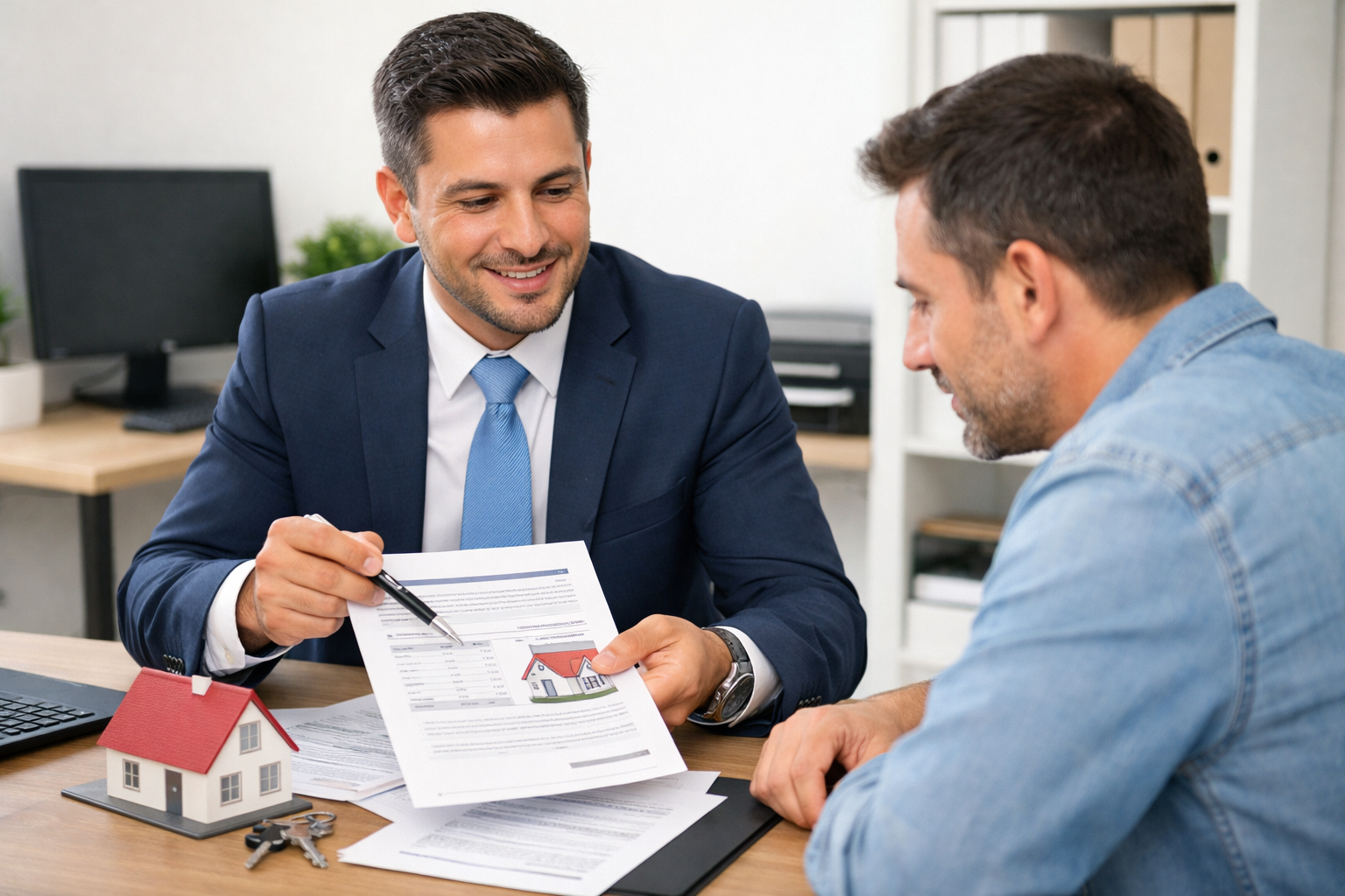 Asesor hipotecario explicandole a un hombre unos documentos