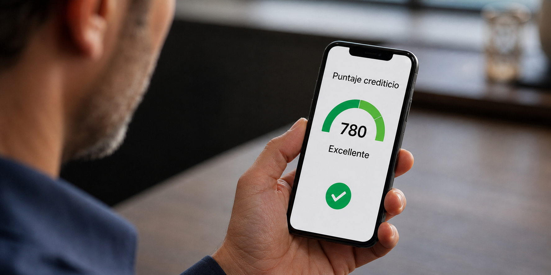 Hombre sentado frente a un escritorio, revisando en su teléfono celular que tiene un buen score crediticio.