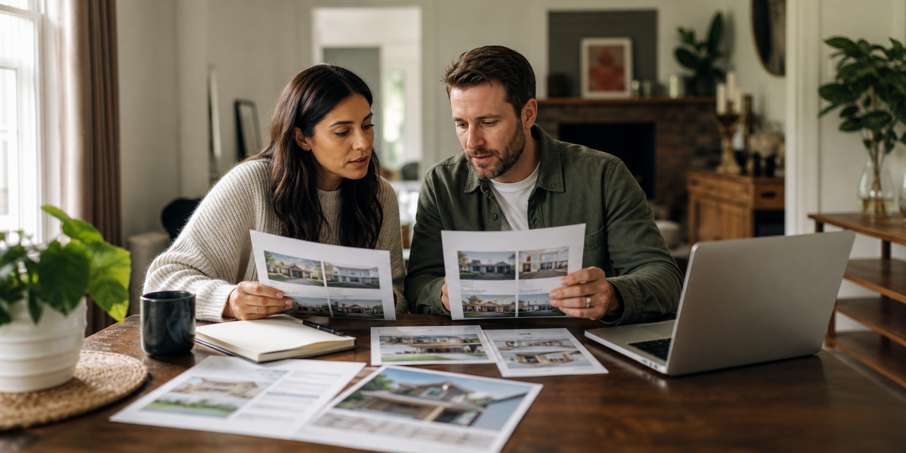 Couple Reviewing House Options at Home Table