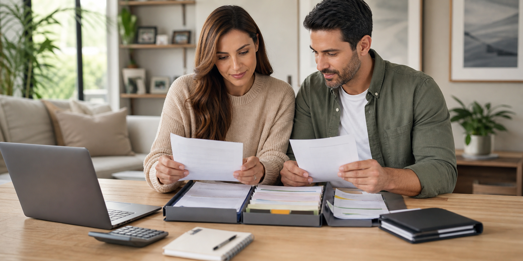 Pareja revisa cuidadosamente una carpeta con documentos financieros y personales, acomodando identificaciones oficiales, comprobantes de ingresos.Family Organizing Mortgage Documents at Home Desk