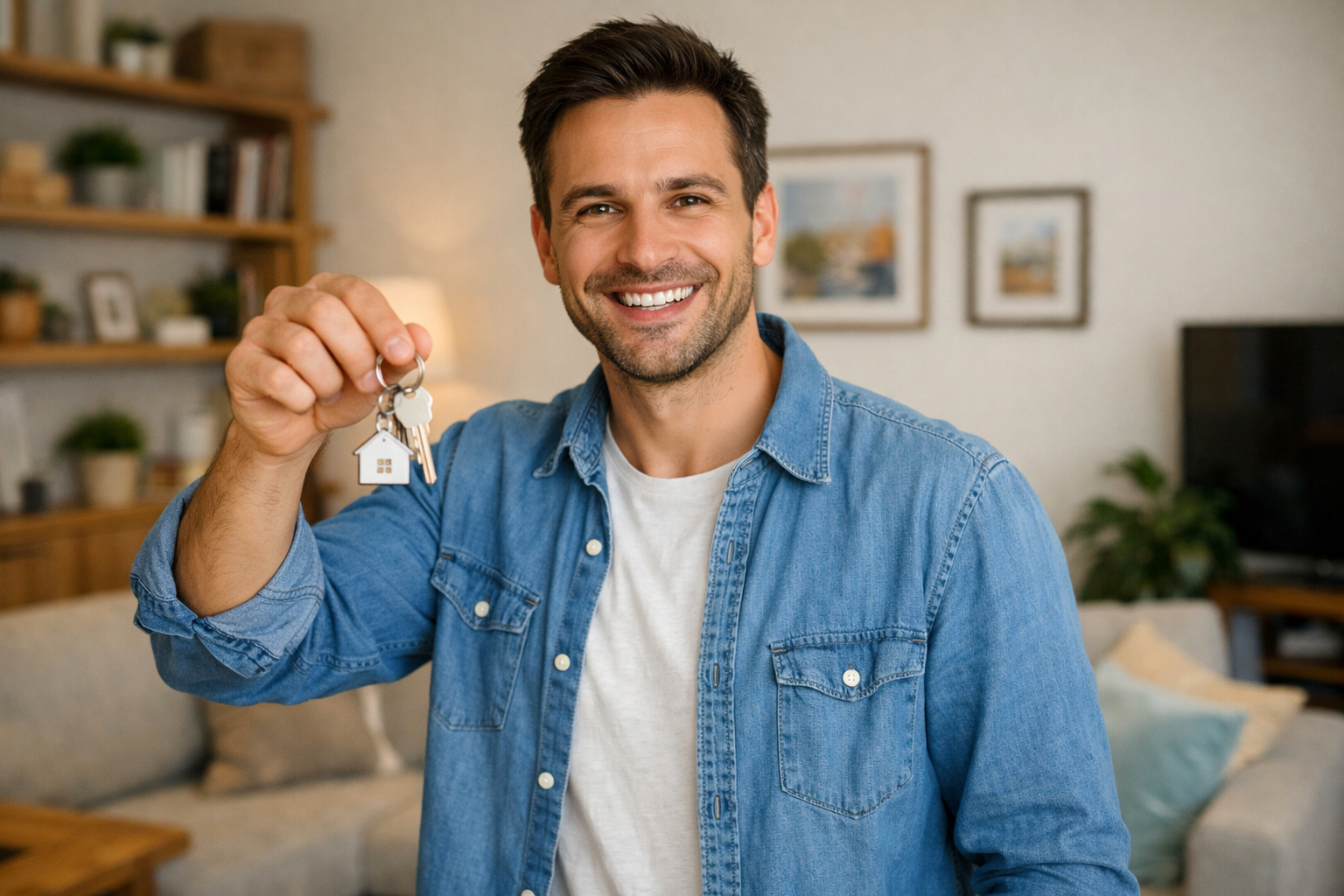 Hombre Feliz En La Sala Sosteniendo Llaves
