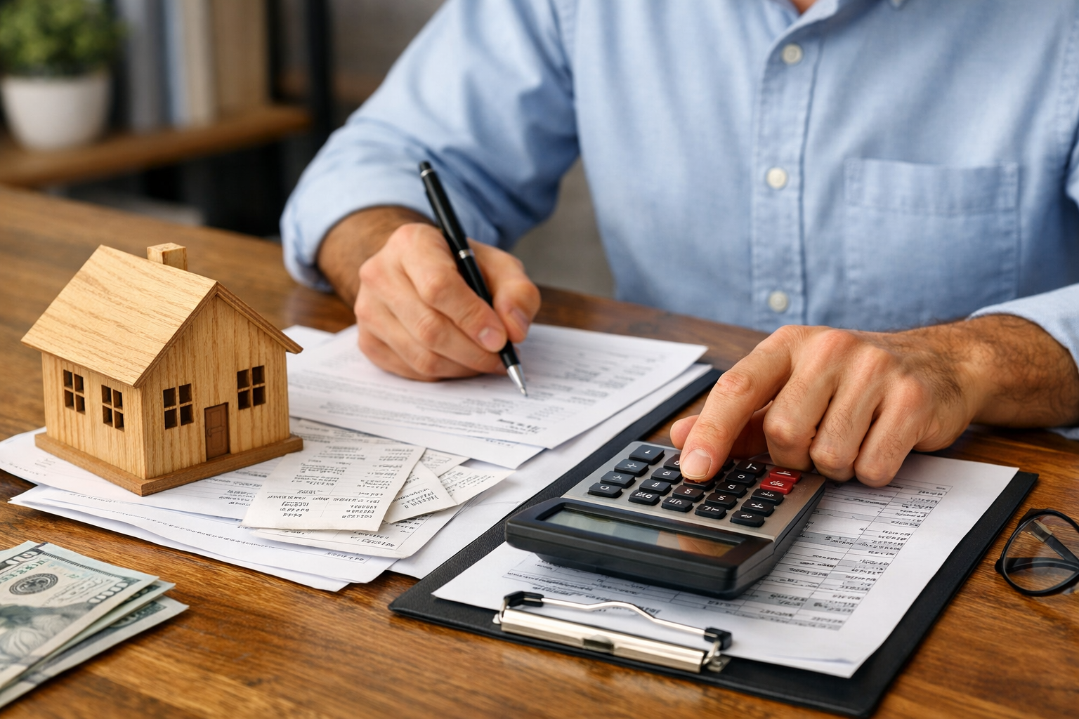 Hombre Sacando Cuentas Escritorio Casa Madera Documentos