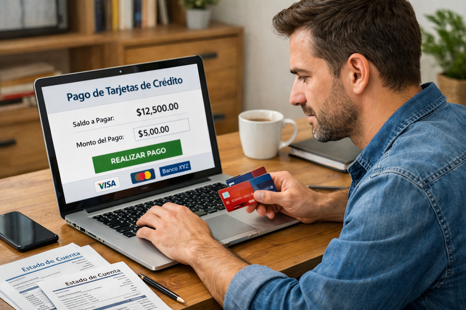 Hombre en computadora pagando sus tarjetas de credito