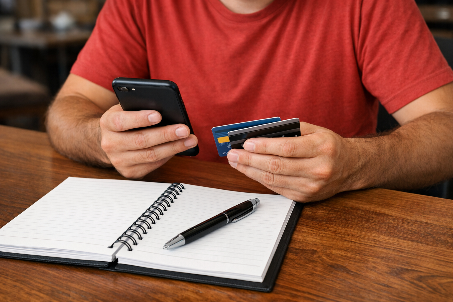 Hombre con un cuaderno, una pluma, celular y tarjetas, para anotar las fecha de pago y que no se le olviden