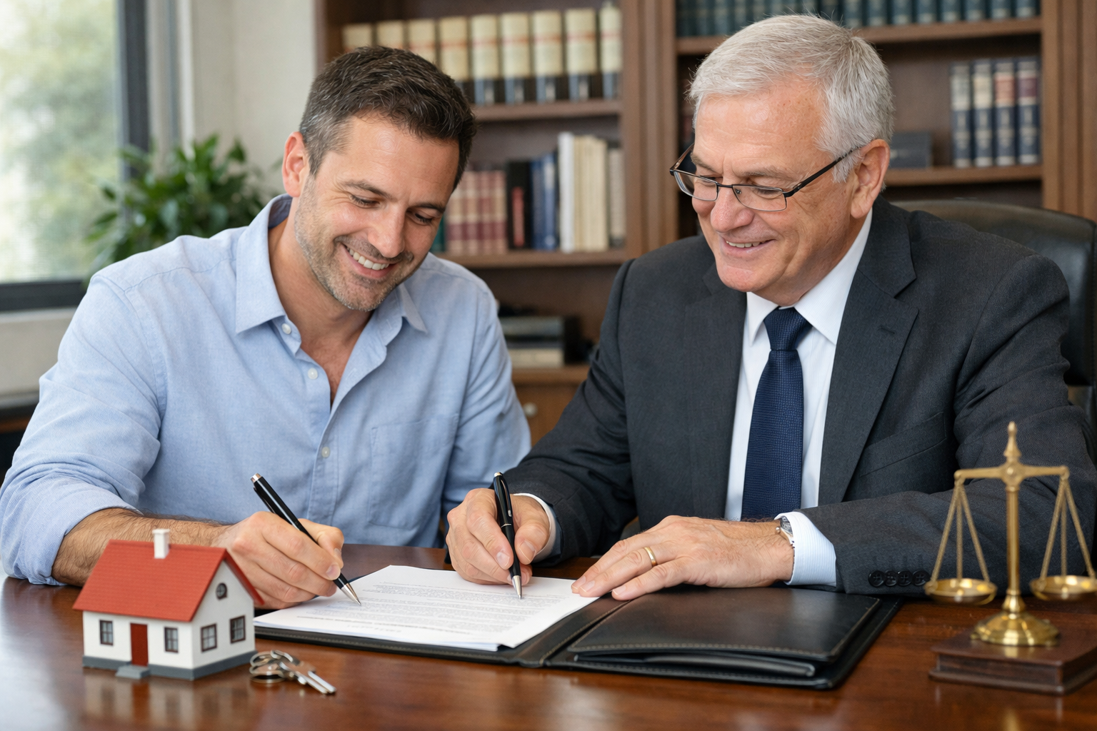Hombre con notario firmando las escrituras de su casa