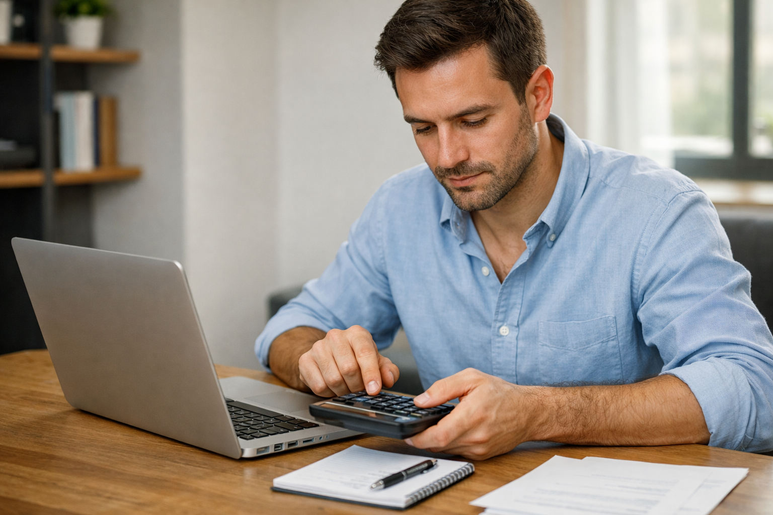 Hombre con una calculadora y una computadora sacando cuentas no tantos documentos