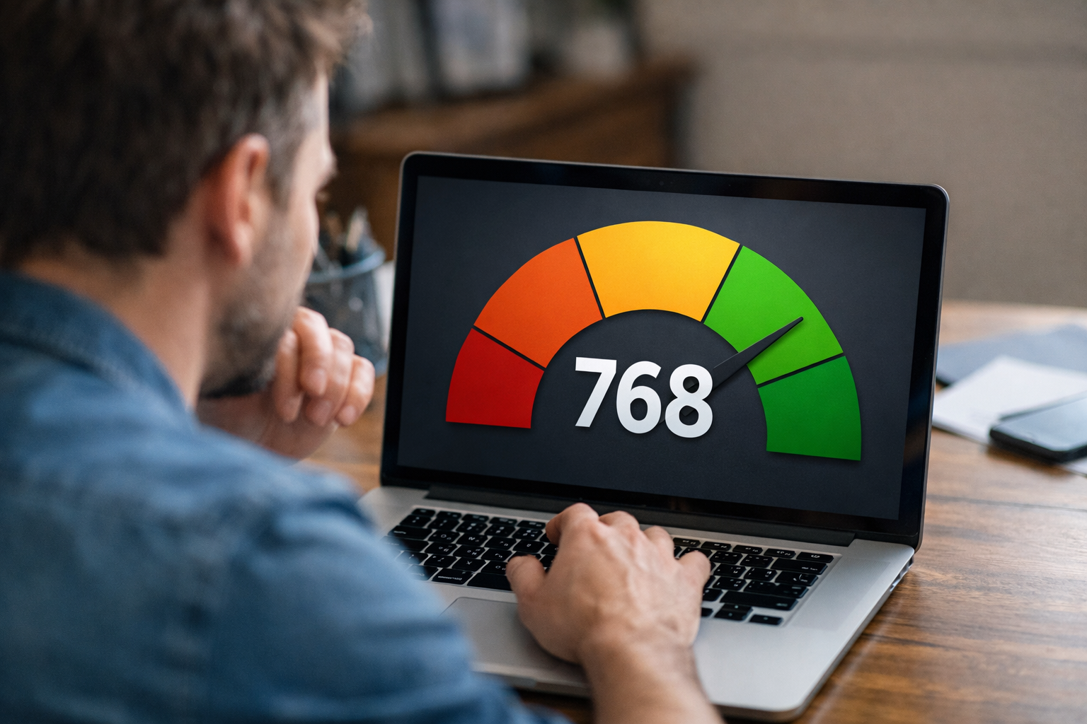 Hombre en la computadora revisando el score de su historial crediticio solo poner el semaforo sin texto solo el numero 768-1