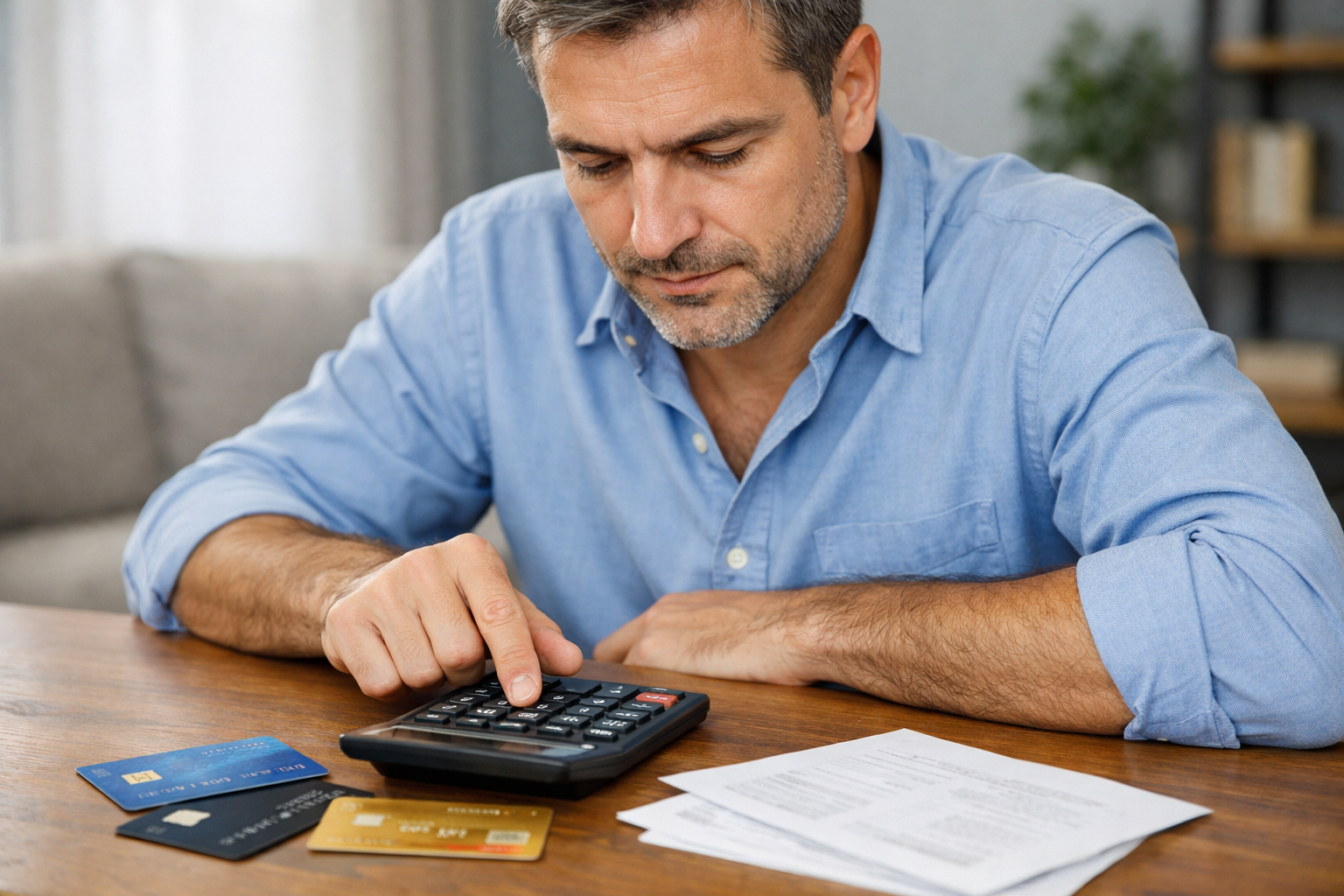 Hombre en una mesa con una calculadora y unas tarjetas de credito sobre la mesa-1