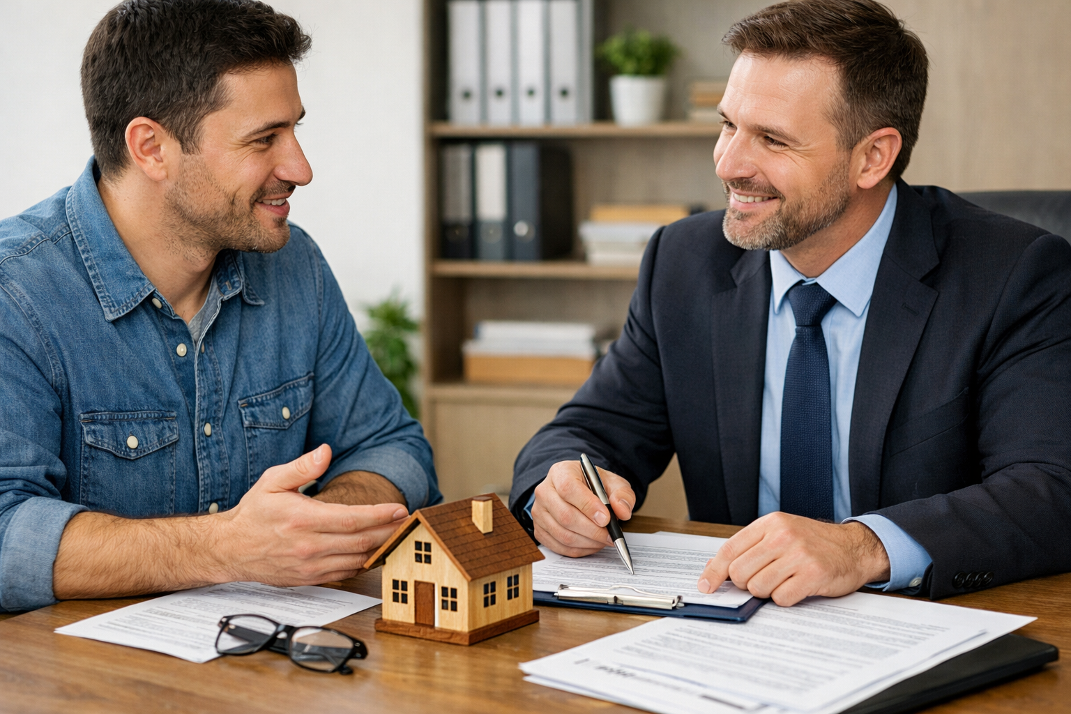 Hombre hablando con un asesor hipoecario hay documentos sobre la mesa y una casita de madera-1