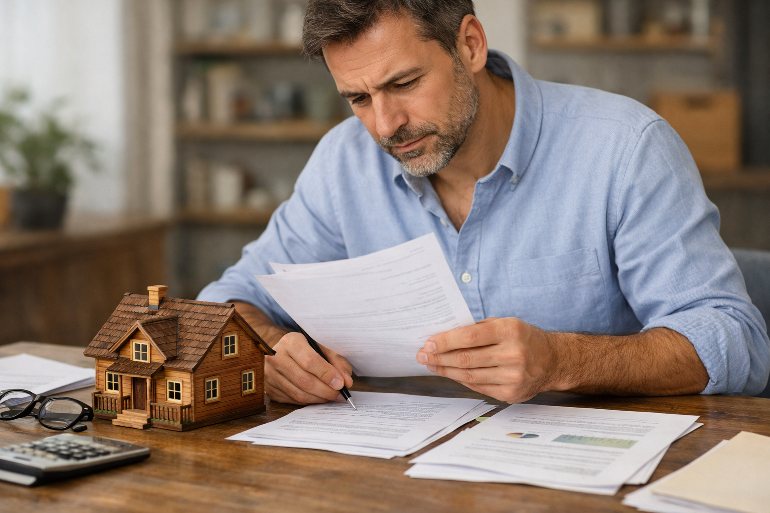 Hombre revisando documentos sobre una mesa y hay una casa de madera