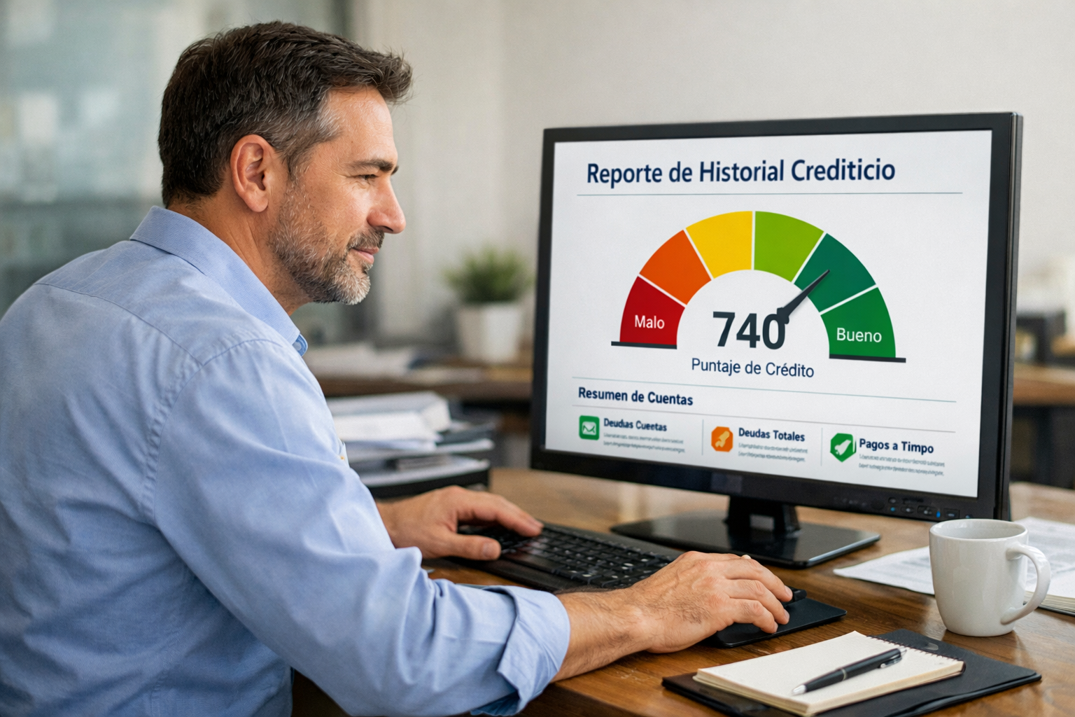 Hombre revisando en una computadora su historial crediticio