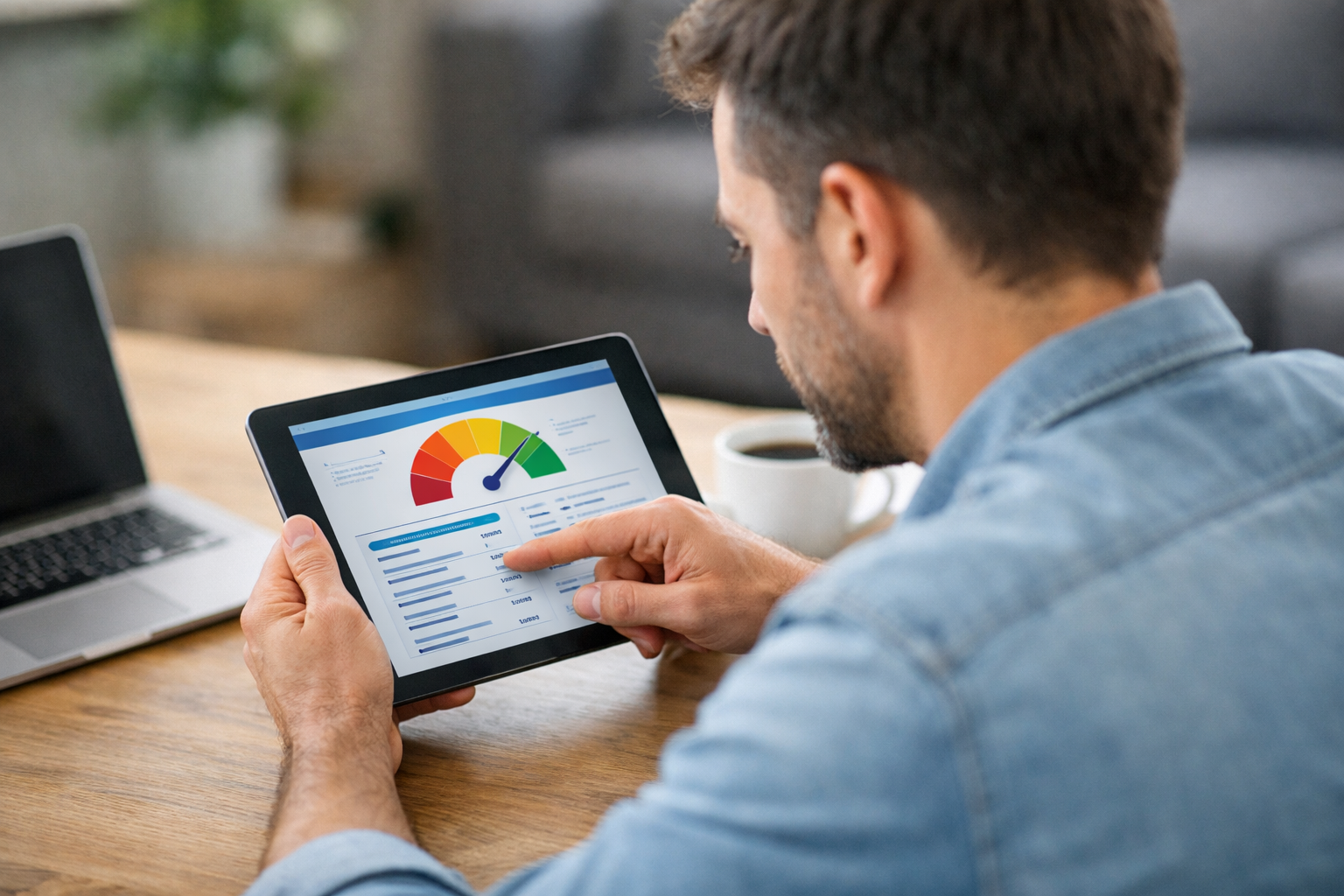 Hombre revisando en una tablet su historial crediticio no poner texto