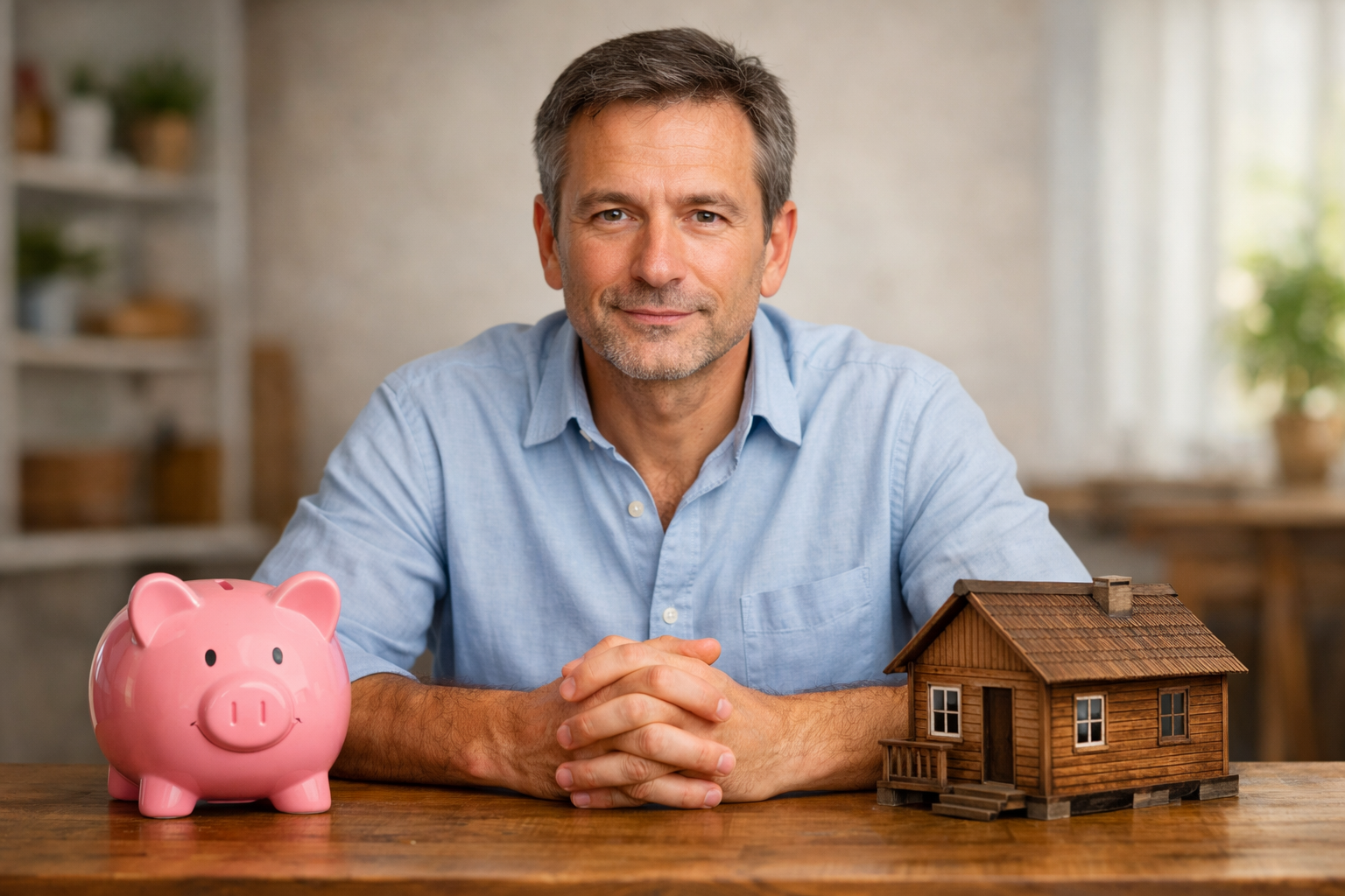 Hombre sentado en una mesa de un lado hay una alcanca de marrano y del otro lado una casa sencilla de madera-1