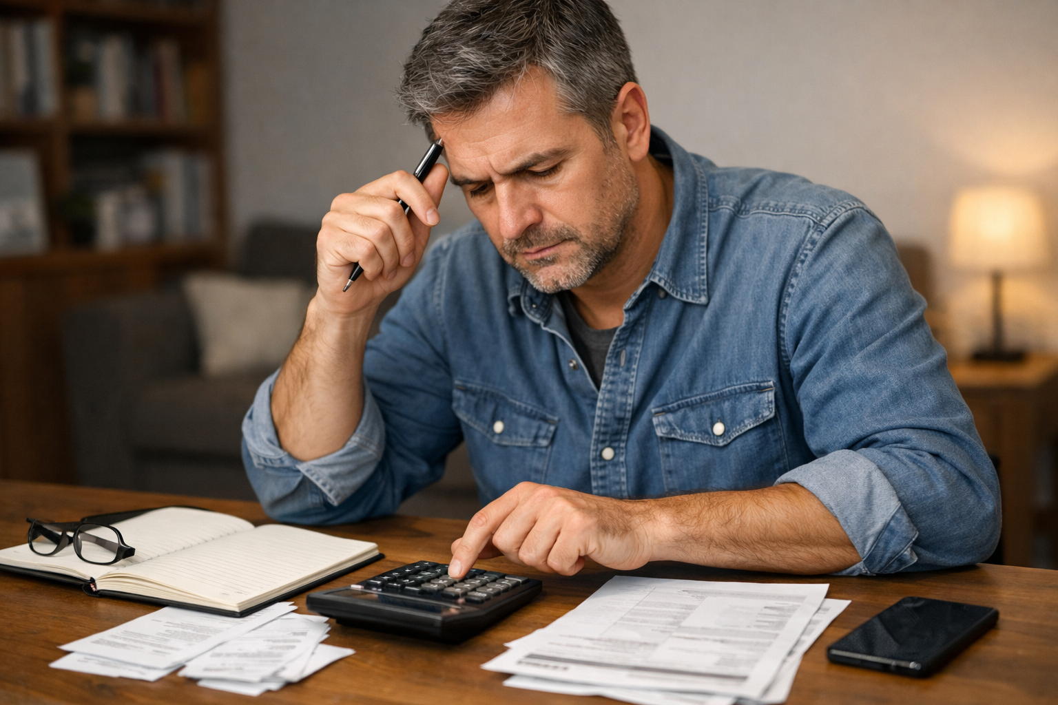 Hombre sentado en una mesa sacando cuentas en una calculadora, revisando sus ingresos comprobables e historial crediticio para solicitar un credito bancario