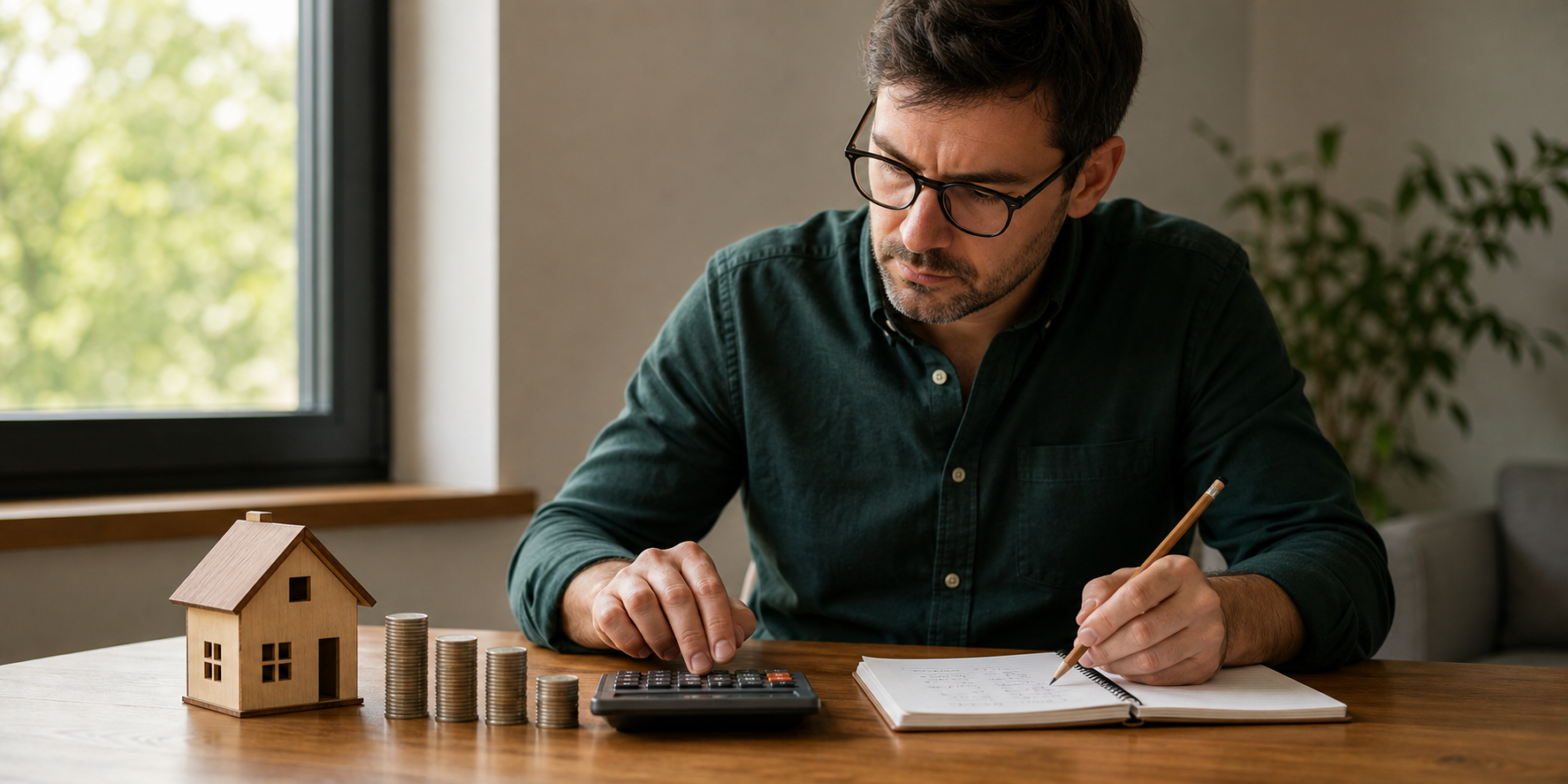 Hombre sentado frente a una mesa, haciendo cuentas para calcular cuánto dinero necesita para comprar una casa.