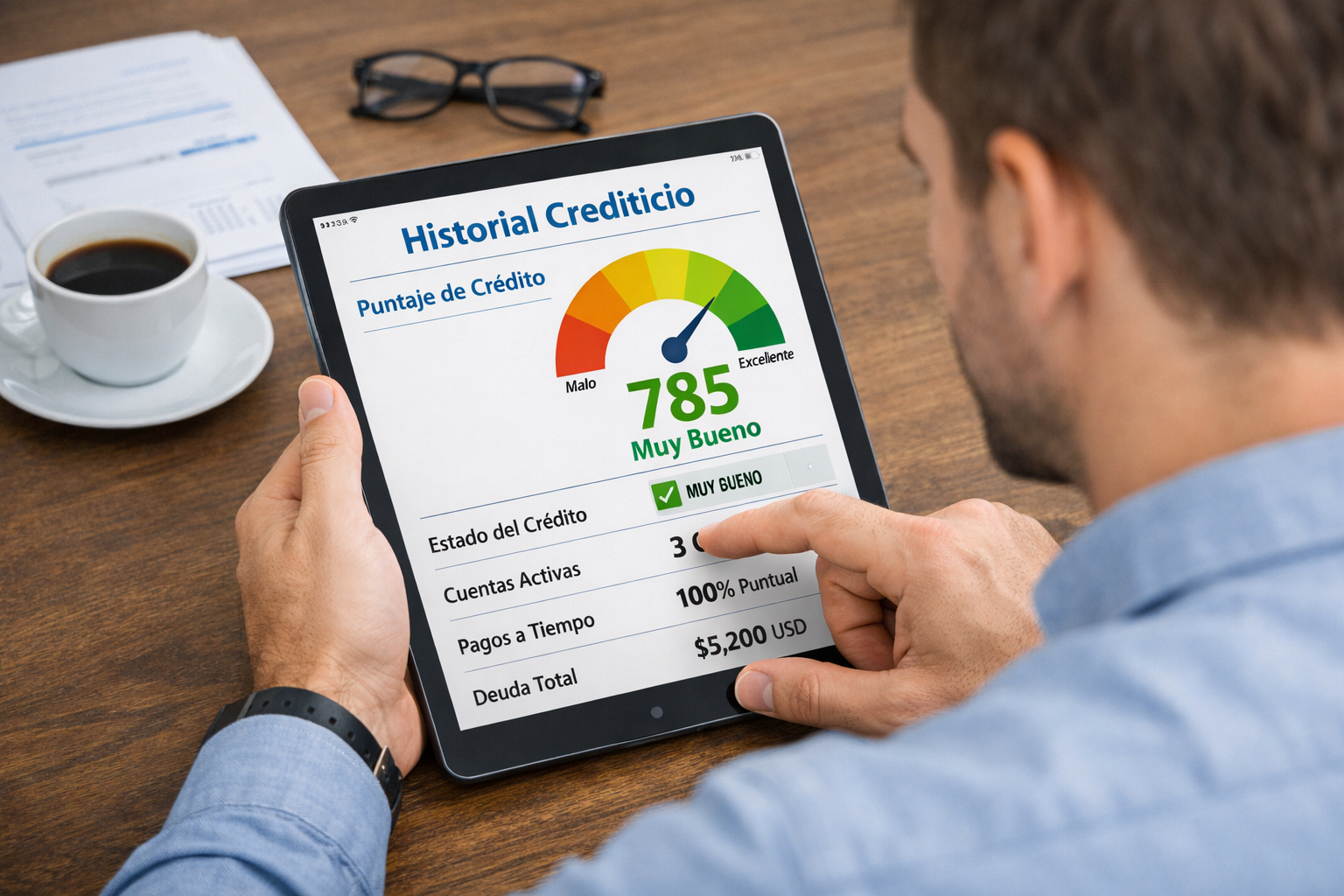 Hombre revisando su historial crediticio en una tablet