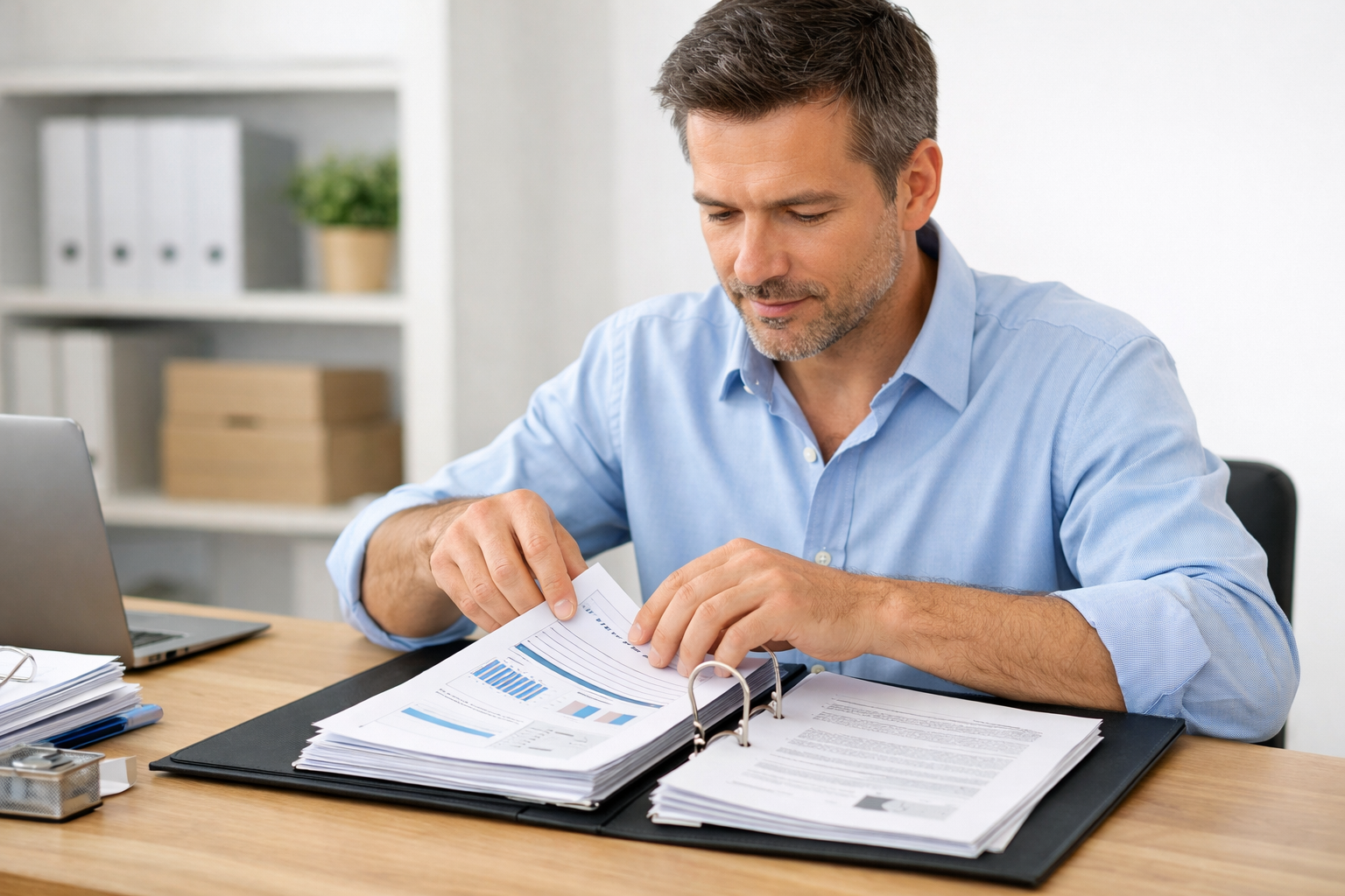 Man Organizing Documents in a Folder