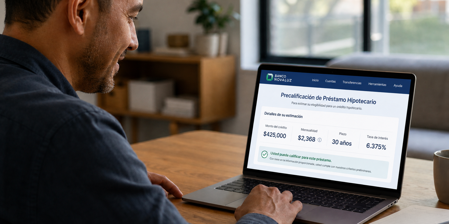 Hombre sentado frente a una computadora portátil, consultando cuánto dinero podría prestarle un banco para comprar una casa.