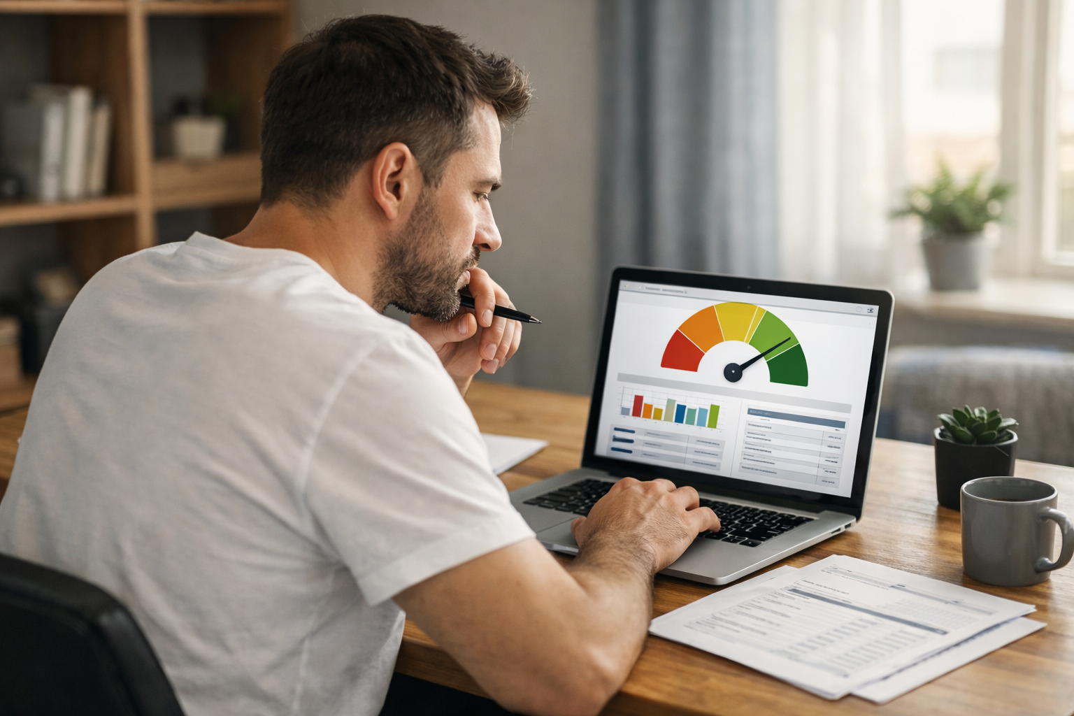 Hombre en una laptop revisando su historial crediticio
