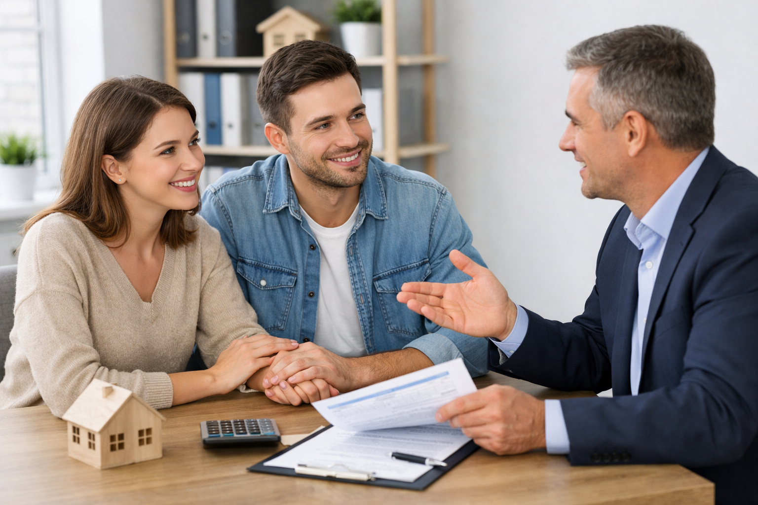 Pareja hablado con un asesor hipotecario para unir sus creditos para comprar casa