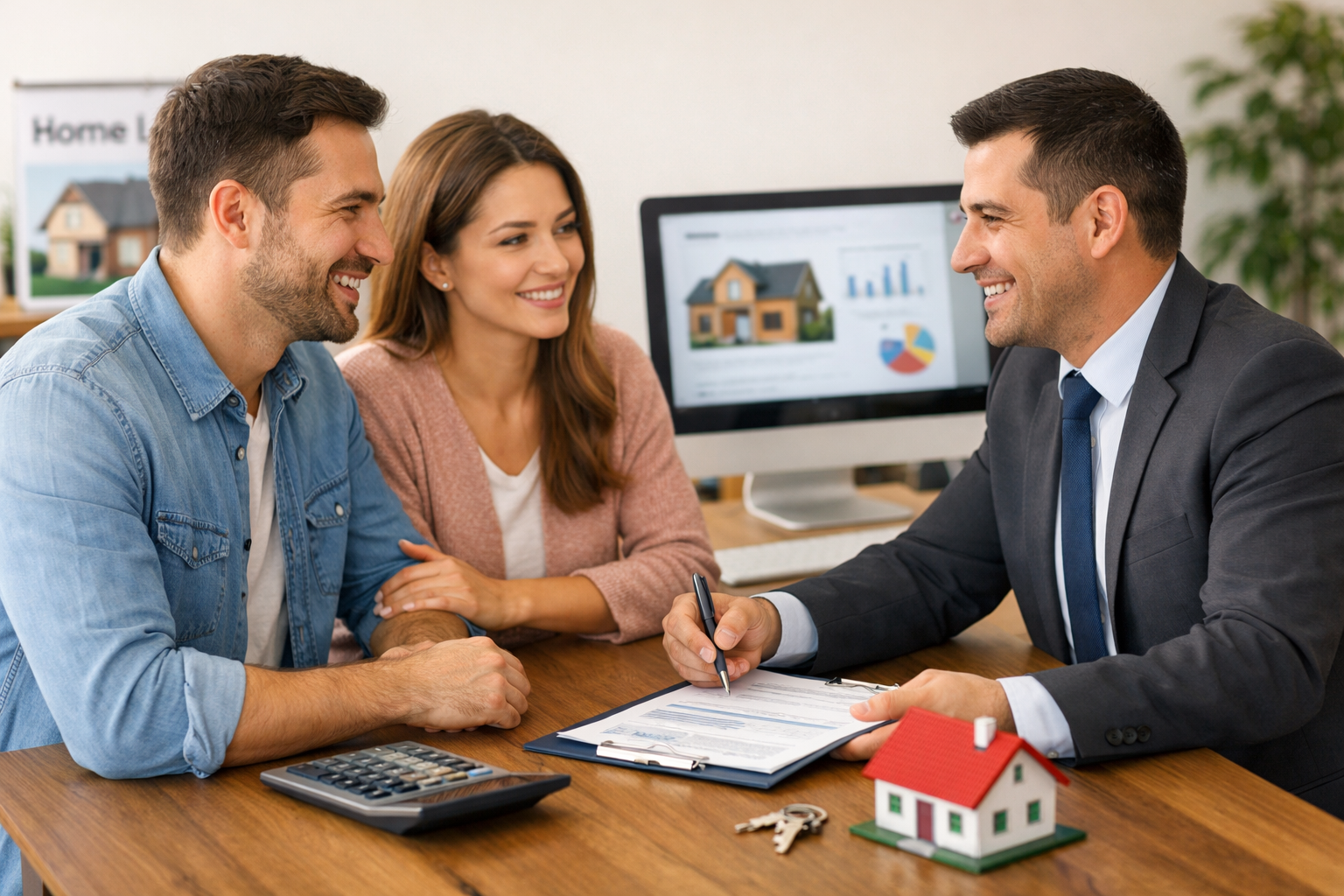 Pareja hablando con asesor hipotecario para unir sus creditos y comprar casa