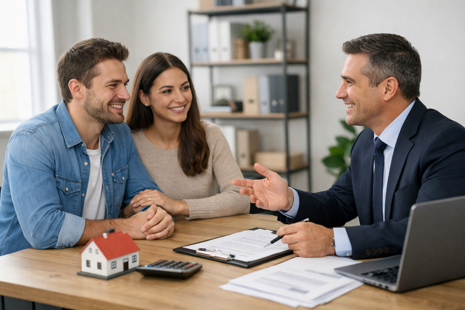 Pareja hablando con un asesor hipotecario para conocer los diferentes tipos de creditos