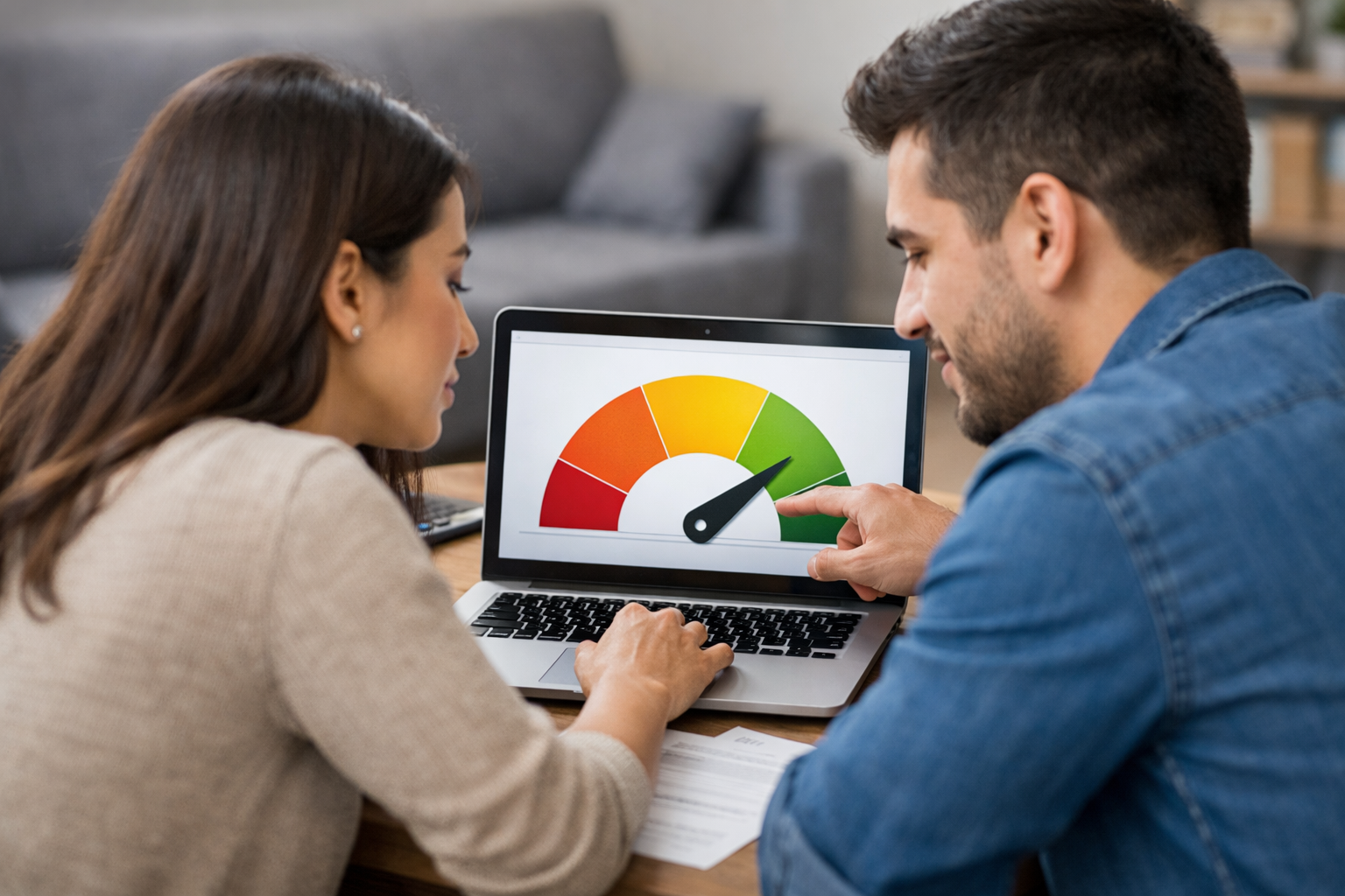 Pareja revisando historial crediticio en una computadora sin texto y solo 1 grafica