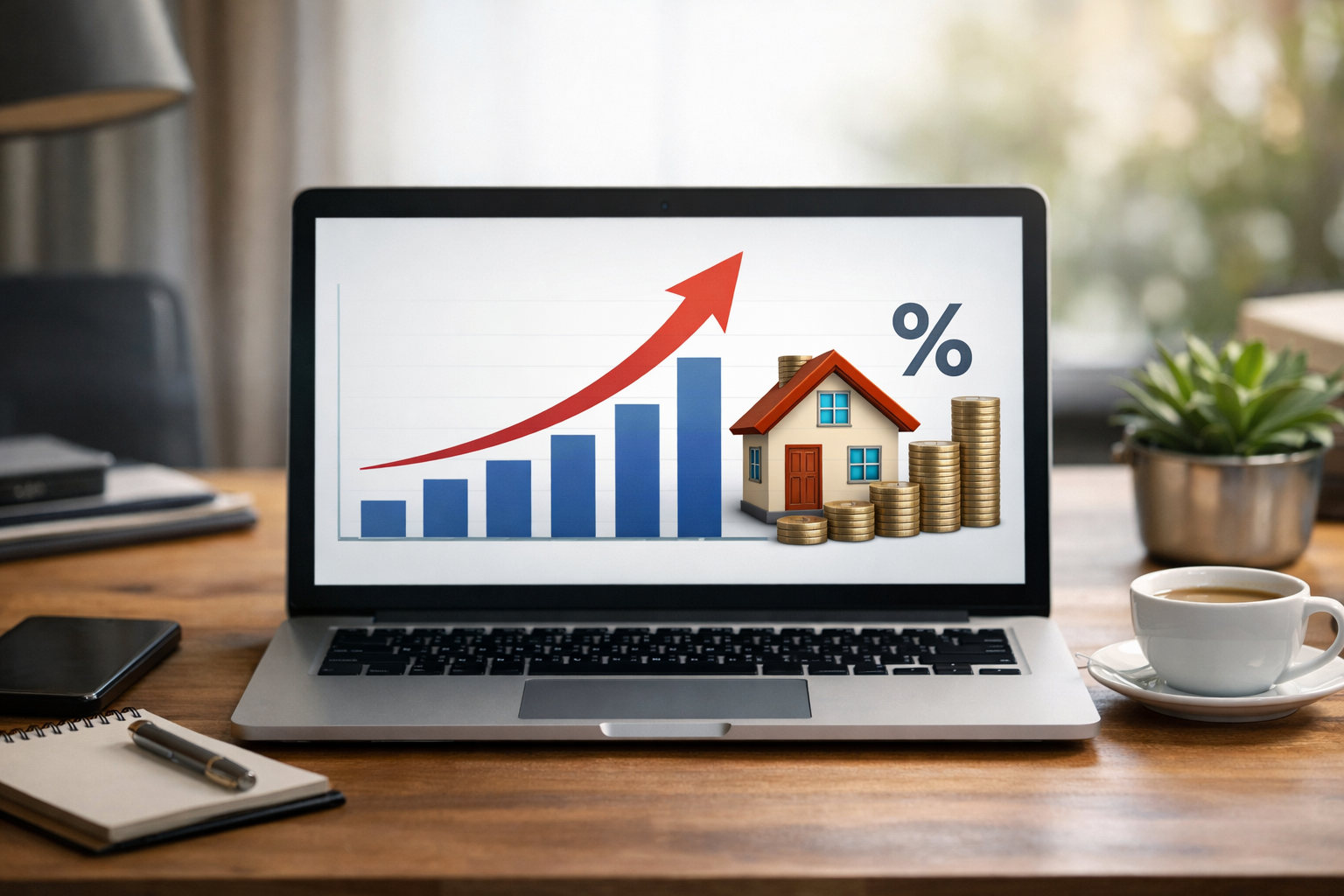 Computadora donde se ve el incremento de la tasa de interés para comparar una casa.