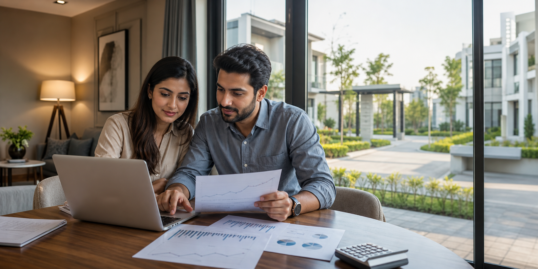 Una pareja analizando la plusvalía futura de su casa. Ambos observan documentos financieros sobre una mesa, donde se representan de manera visual proyecciones de crecimiento.