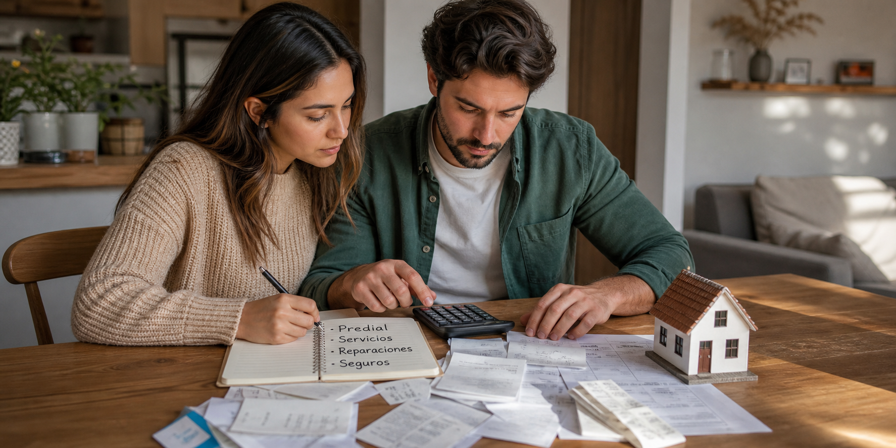 Una pareja joven sentada en la mesa de su hogar, haciendo cuentas sobre los gastos de mantenimiento de su futura casa.