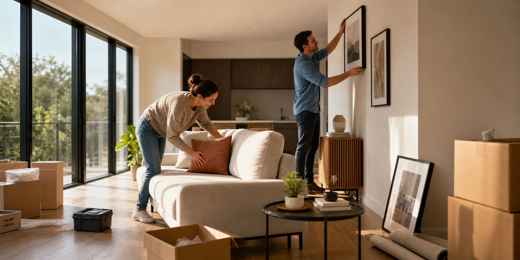 Una pareja realizando mejoras en la sala de su nueva casa. Ambos trabajan juntos con entusiasmo, colocando cuadros decorativos, acomodando muebles.