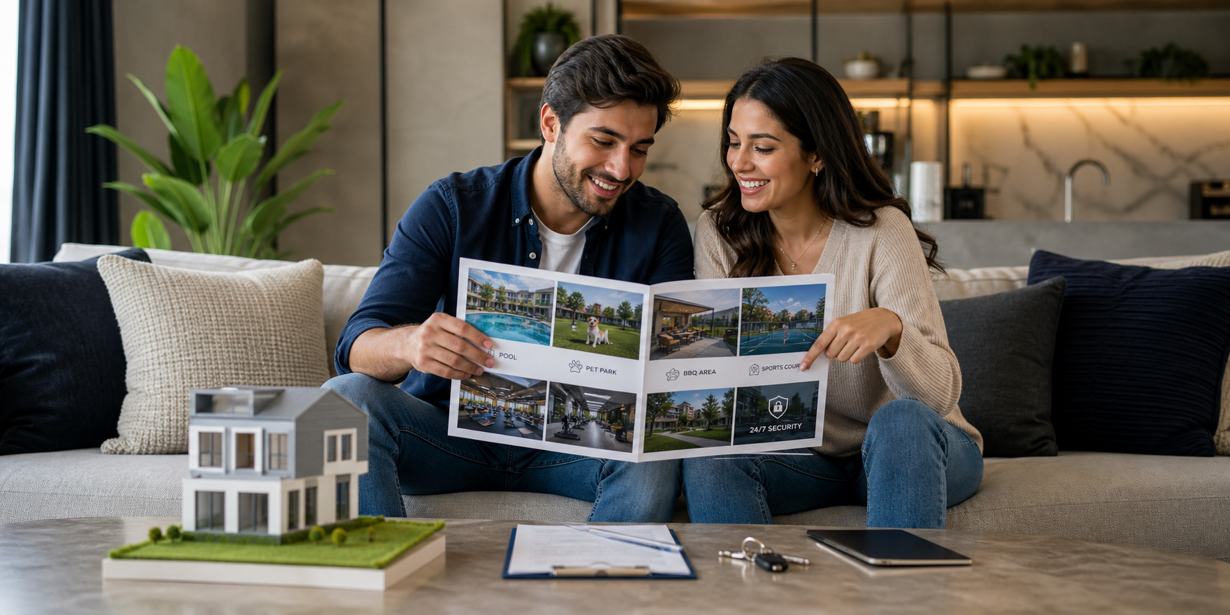 Una pareja joven sentada cómodamente en un sofá, revisando juntos un catálogo inmobiliario con las amenidades de su nueva casa.