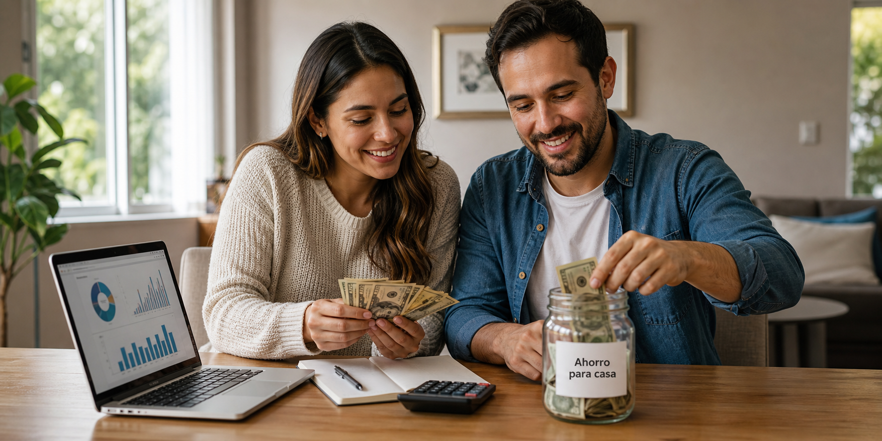 Young Couple Saving for Home in Warm Cozy Living Room