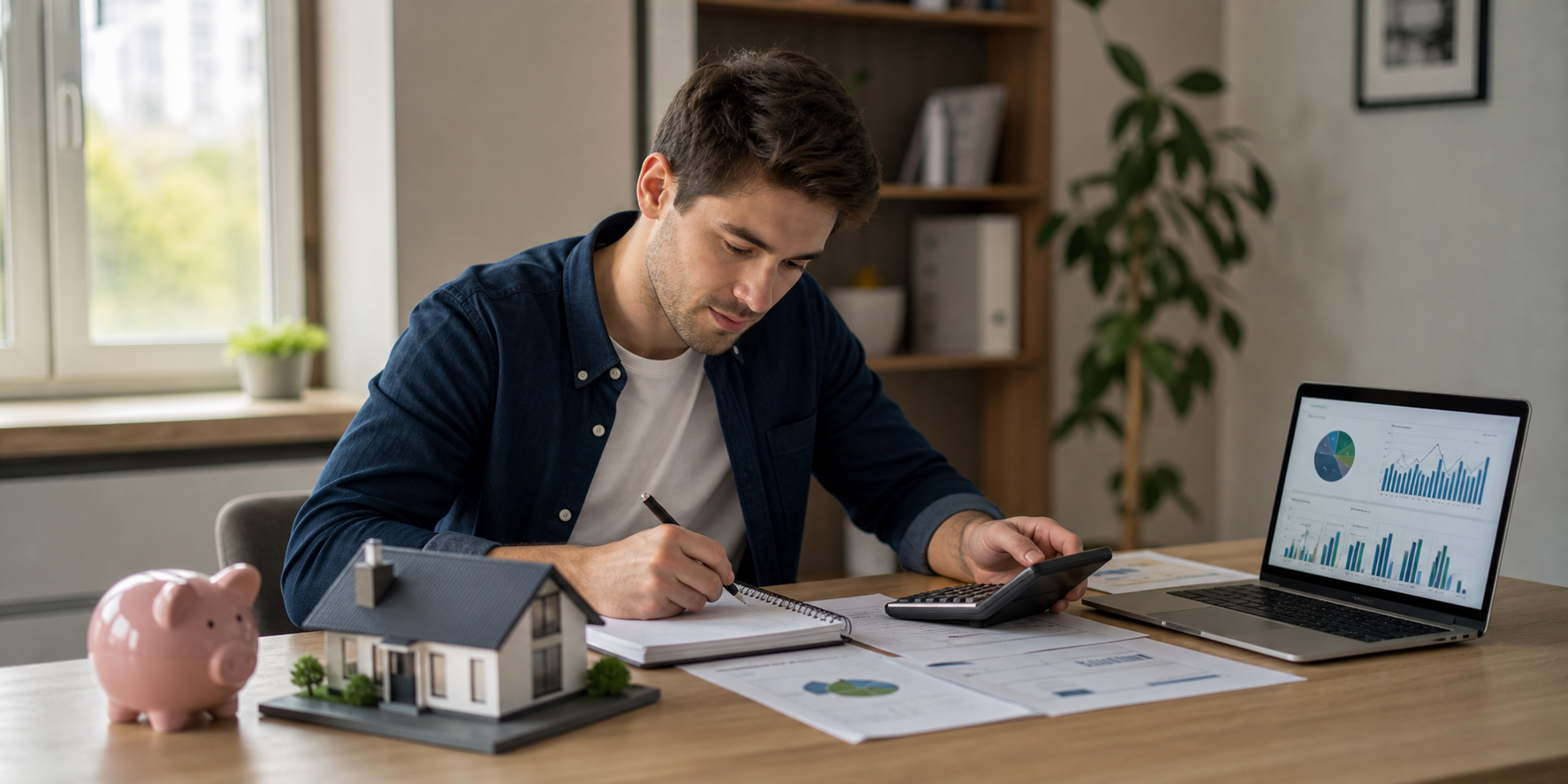 Hombre está separando cuidadosamente el 30% de sus ingresos, revisando sus gastos y planificando su ahorro para lograr la compra de su hogar.