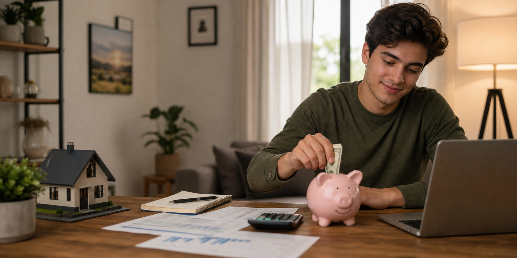 Un hombre joven ahorrando cuidadosamente para comprar su primera casa. Está sentado en una mesa revisando su presupuesto y colocando dinero en una alcancía.