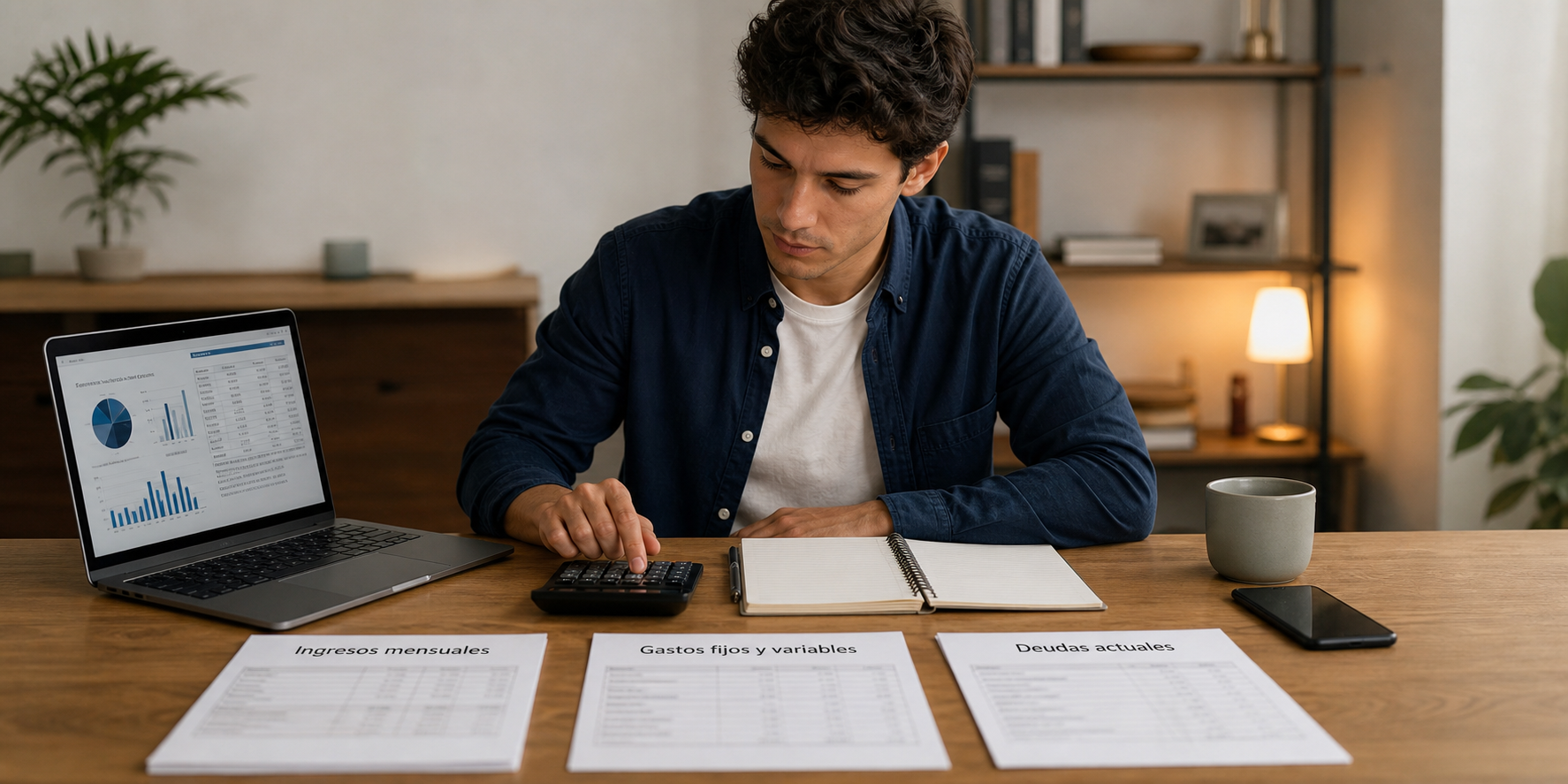 Un hombre joven sentado frente a una mesa, revisando cuidadosamente su situación financiera personal.