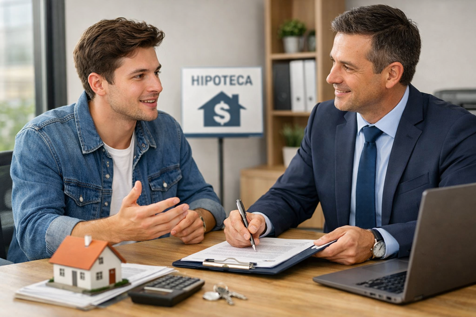 joven hablando con asesor hipotecario sobre los diferentes tipos de creditos hipotecarios