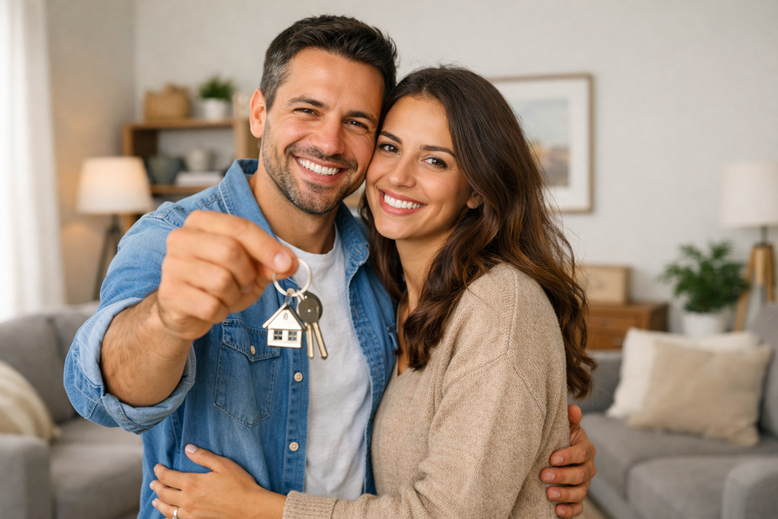 pareja en la sala de su casa sosteniendo las llaves-3