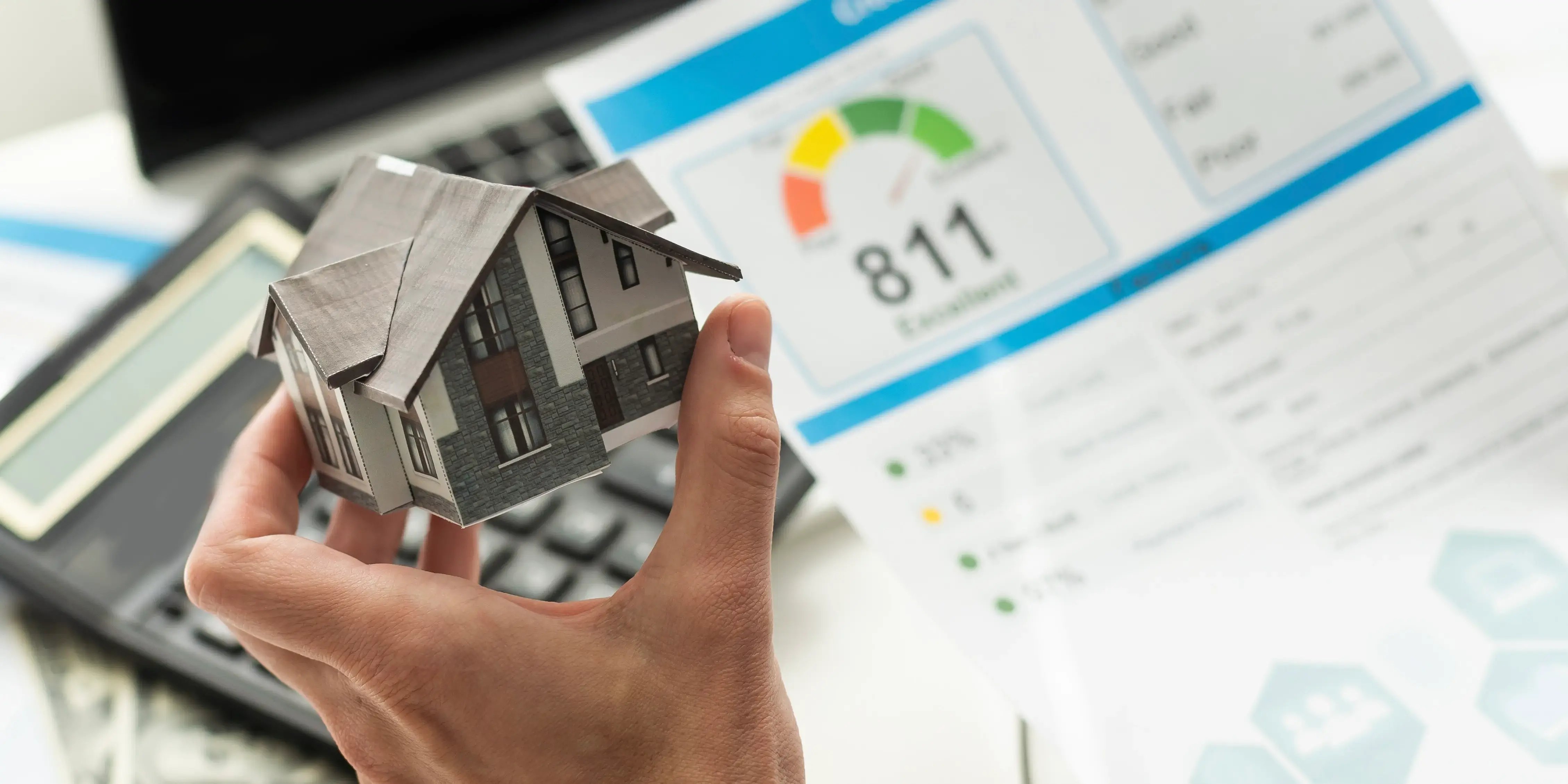 Persona sosteniendo una casa de madera y al fondo de ve un estado de cuenta con el historial crediticio con puntaje excelente para comprar casa