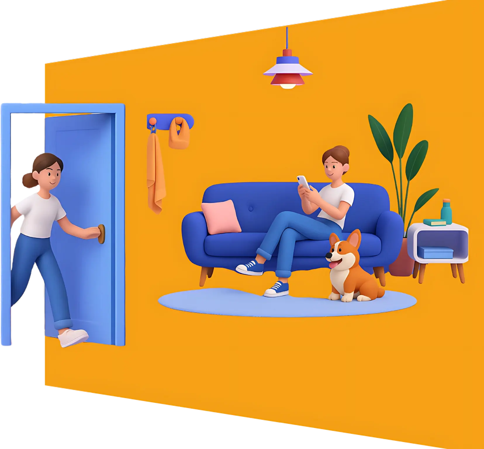 Comprar Fácil tu casa es posible - Chica entra a casa con su amiga y perro en la sala de estar - Compra Fácil